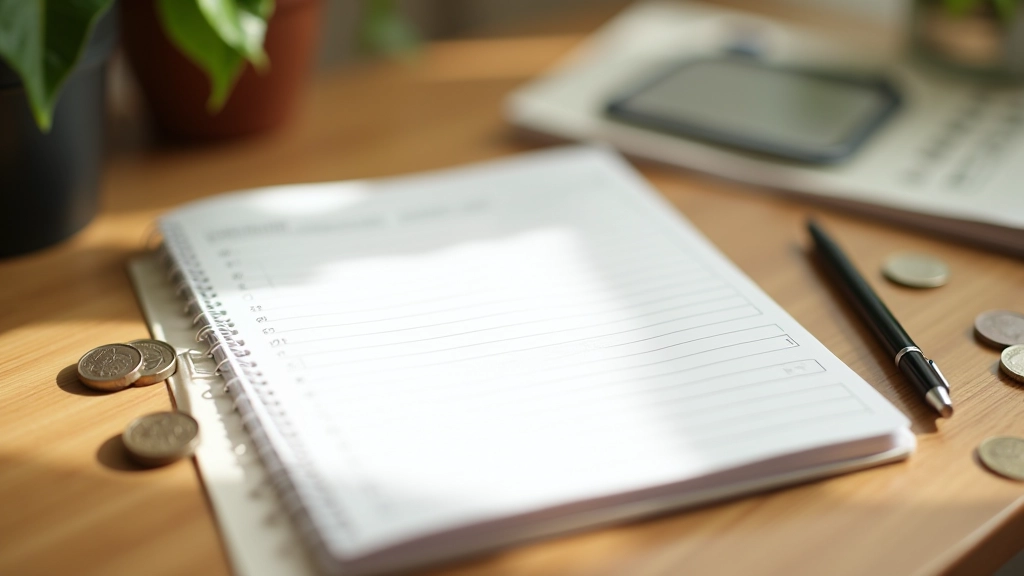 Open budget planner notebook with pen showing monthly savings and expense tracking