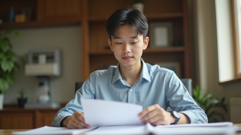 Young professional reviewing bank statements at home office, checking account details and understanding banking documents